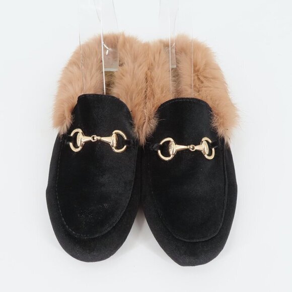 Womens 39 Black Velvet Gold Metal Horse Bit Brown Rabbit Fur Slide Shoes Slipper - Picture 2 of 11
